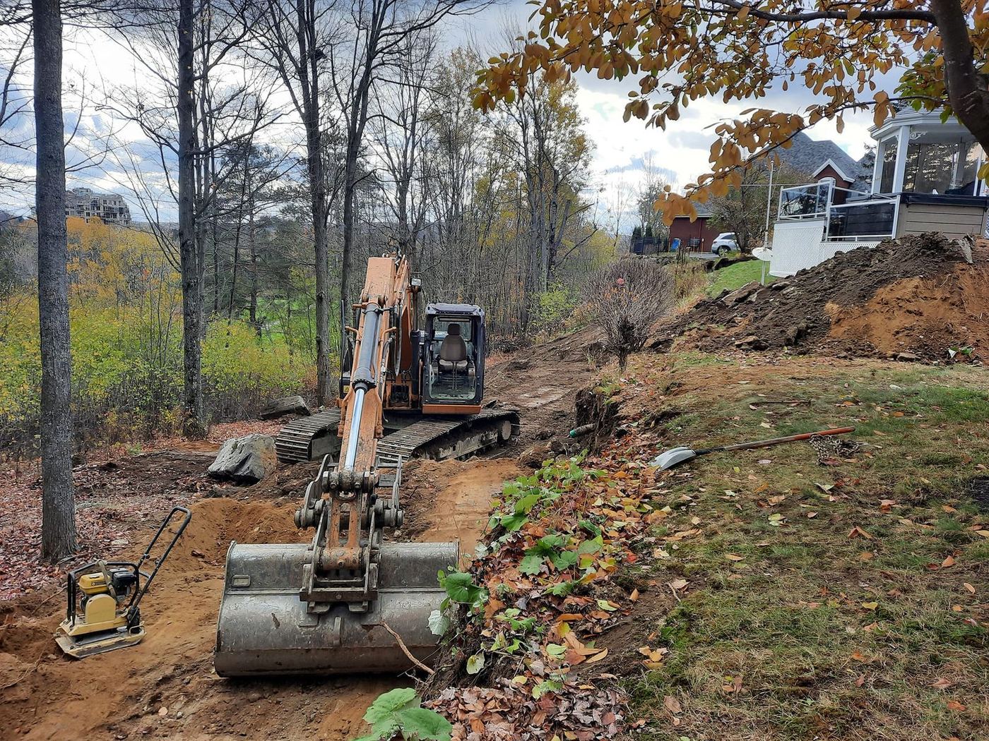 Grande excavatrice CASE creuse tranchée drainage en talus boisé