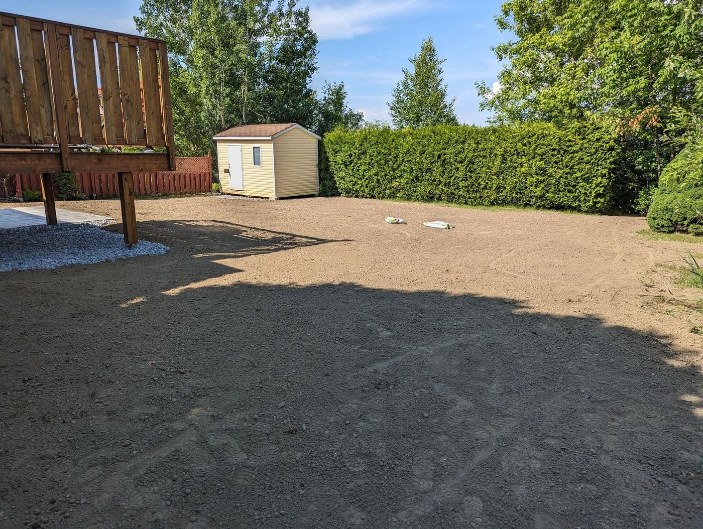 Cour arrière nivelée sable cabane de jardin résidentielle