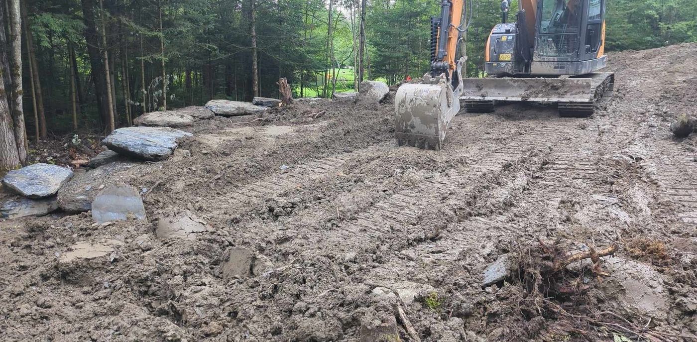 Excavatrice nivele terrain déboisé roches plates boisé résidentiel