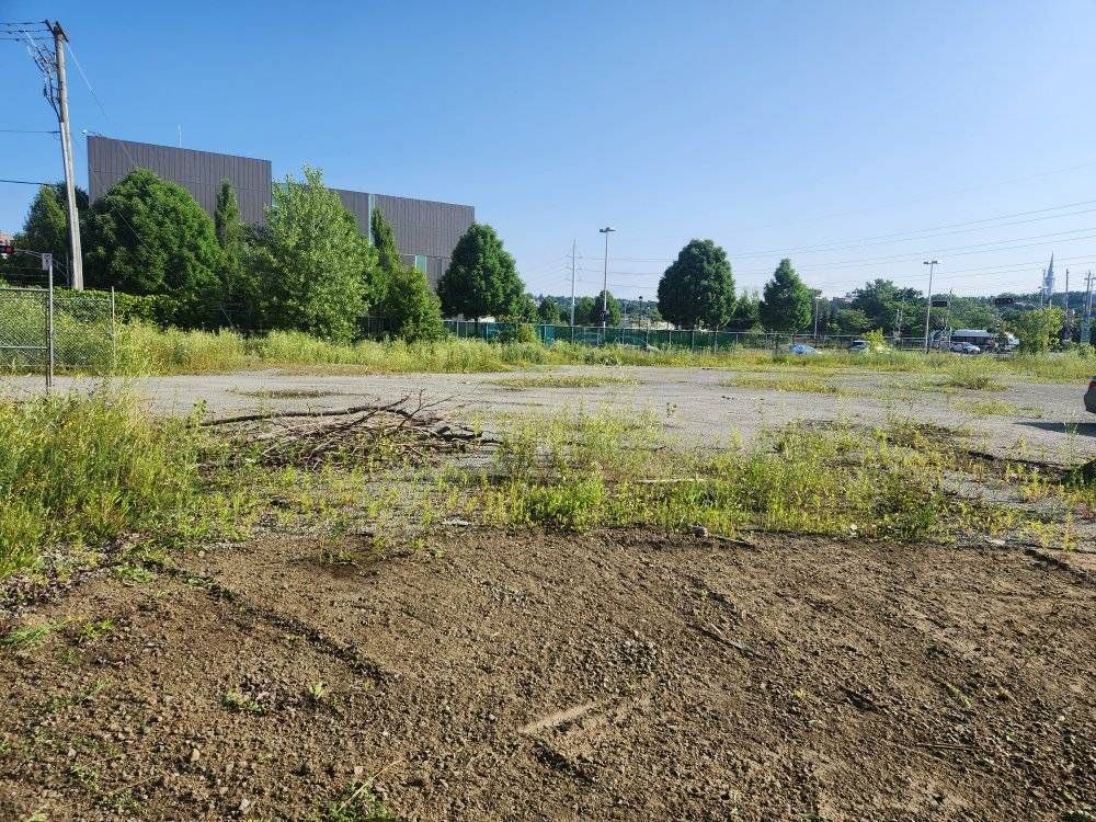 Terrain industriel défriché et nivelé, bâtiment commercial en fond