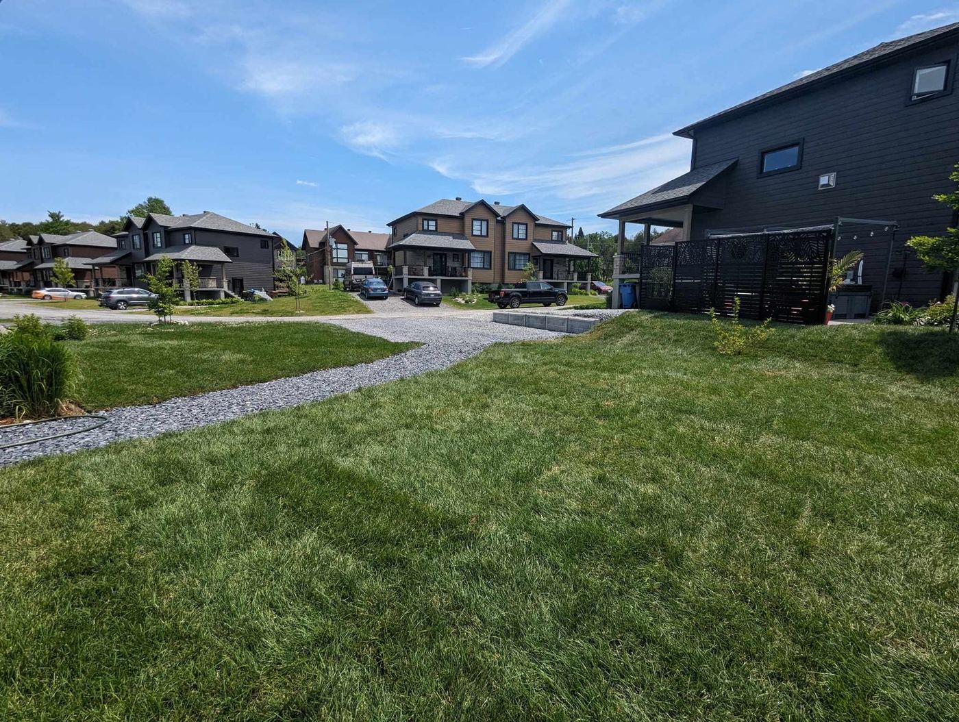 Aménagement gazon fini sentier gravier résidentiel cour avant